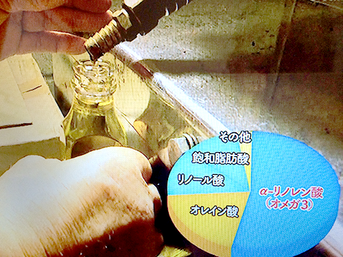 エゴマ油はその成分の半分以上が、α-リノレン酸(オメガ3)でできている。