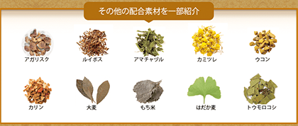 アガリスク、ルイボス、アマチャヅル、カミツレ、ウコン、カリン、大葉、もち米、はだか麦、トウモロコシ